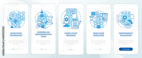 Technology integration steps onboarding mobile app page screen. Innovation process walkthrough 5 steps graphic instructions with concepts. UI, UX, GUI vector template with linear color illustrations