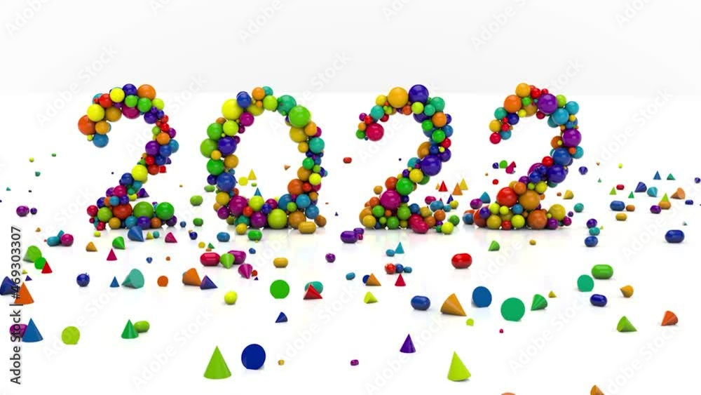 2022 New Year 3D graphics animation. Scattering geometric shapes cones, cubes, spheres and other. Celebration background 2022 New Year 3D graphics animation. Scattering geometric shapes cones, cubes, spheres and other. Celebration background