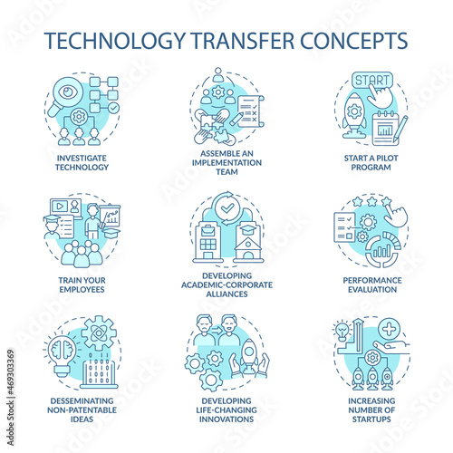 Technology sharing concept icons set. Implement innovative solutions. Corporate collaboration development. idea thin line color illustrations. Vector isolated outline drawings. Editable stroke