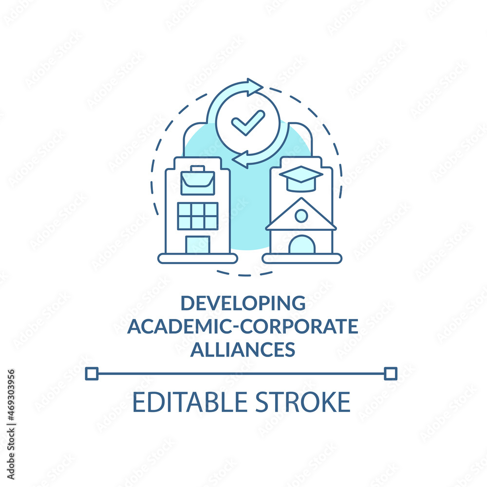 Creating academic corporate alliances concept icon. Benefit exchange. University and company collaboration abstract idea thin line illustration. Vector isolated outline color drawing. Editable stroke