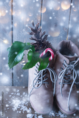 Shoes for st nicholas gifts. Old german tradition. photo