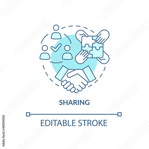 Sharing concept icon. Staff cooperation. Employee teamwork. Knowledge dissemination in organization abstract idea thin line illustration. Vector isolated outline color drawing. Editable stroke