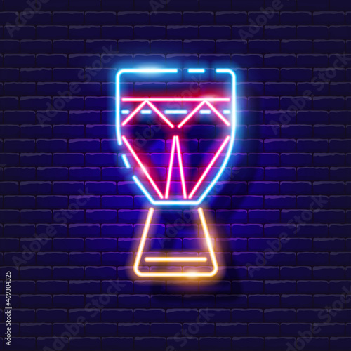 Djembe drum neon icon. Music glowing sign. Musical instrument concept. Vector illustration for Sound recording studio design, advertising, signboards, vocal studio.