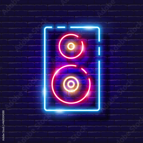 Music Speaker neon icon. Music glowing sign. Music concept. Vector illustration for Sound recording studio design, advertising, signboards, vocal studio.