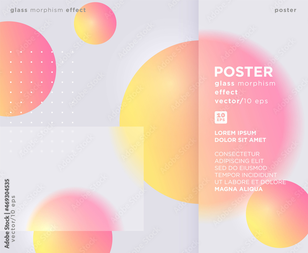 Poster in the glass morphism style. Translucent, frosted glass and circle or sphere. Place for your text.