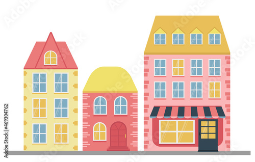 Cute vector city houses in a flat style. A small shop or coffee shop in the house. Exterior house front view with roof, apartments, building facade with windows of different sizes and shapes.