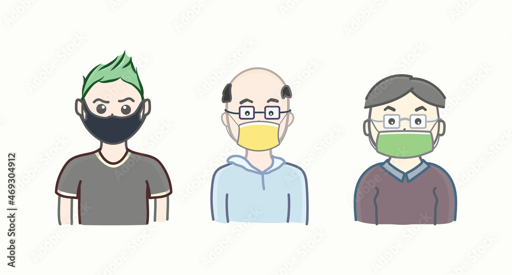 Set of cute cartoonish men wearing medical masks in flat vector illustration art design Set of cute cartoonish men wearing medical masks in flat vector illustration art design