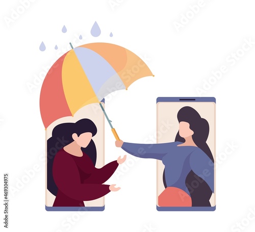 Online support. Friend hold umbrella under sad tired woman. Depression, web psychotherapy consulting vector concept