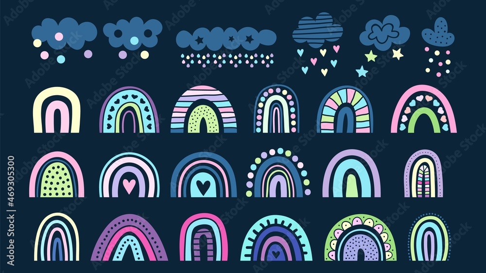 Obraz premium Rainbow collection. Clouds, colorful rainbows in scandinavian style. Childish baby vector elements