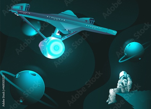 Fototapeta Naklejka Na Ścianę i Meble -  Futuristic space ship illustration with astronauts,planet and abstract sky