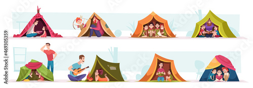 Kids playing. Funny family games in tent children with parent spend good time exact vector people in tent