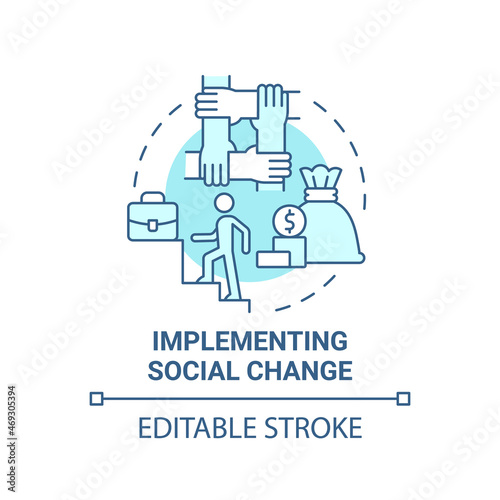 Implementing social change blue concept icon. Social entrepreneurship abstract idea thin line illustration. Societal institutions transformation. Vector isolated outline color drawing. Editable stroke