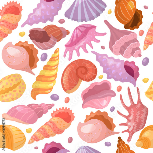 Seashell patterns. Summer beach elements on sand starfish recent vector seamless background for textile design projects
