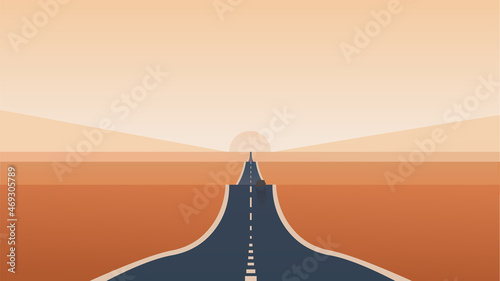 A small car drives through the endless desert expanses. An endless road stretching to the horizon.
