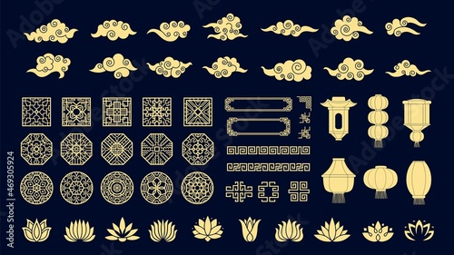 Chinese elements. Oriental ornaments, lanterns, asian korean clouds and lotus flowers vector set