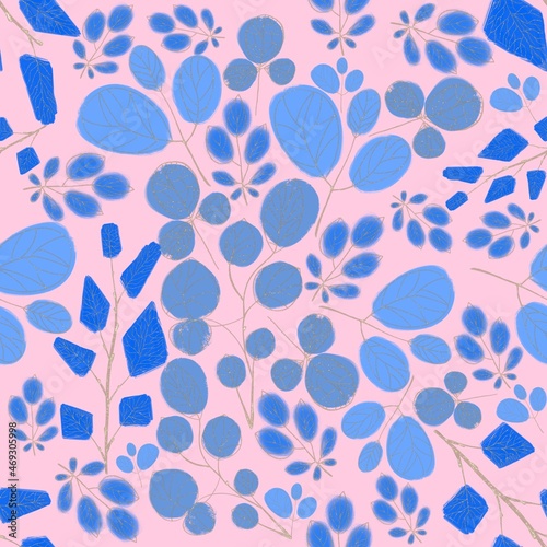 Seamless abstract pattern with blue flowers. Leaves with golden branches.