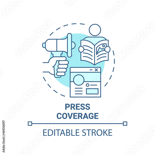 Press coverage blue concept icon. Social entrepreneurship abstract idea thin line illustration. Promotion on social media. Information broadcast. Vector isolated outline color drawing. Editable stroke