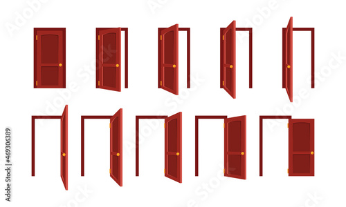 Door animation. Open and closed office doors wooden and steel frames home sequence set garish vector templates set
