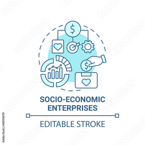 Socio economic enterprises blue concept icon. Social entrepreneur focus abstract idea thin line illustration. Commercial organization. Charity. Vector isolated outline color drawing. Editable stroke