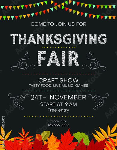 Thanksgiving fair announcing poster template with autumn foliage and bunting flags. Invitation for seasonal craft show or annual celebration.