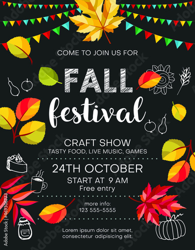 Fall festival announcing poster template with food icons and colorful leaves, black background with decorative details.
