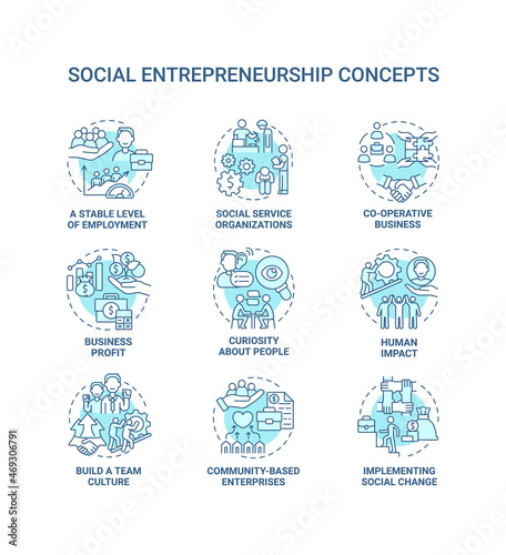 Social entrepreneurship blue concept icons set. Social organizations idea thin line color illustrations. Business development. Charity and support. Vector isolated outline drawings. Editable stroke