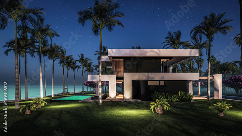 3d rendering of modern cozy house with pool and parking for sale or rent in luxurious style by the sea or ocean. Starlight night by the azure coast with palm trees and flowers in tropical island © korisbo