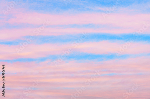 Pink сirrus clouds blue sky background closeup, red dawn cirrostratus cloud texture, purple evening sunset, morning sunrise clouds, striped cloudy skies, cloudscape, beautiful heaven view, cloudiness