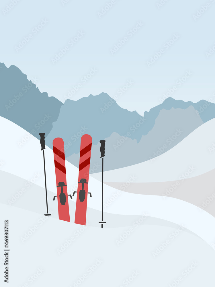 Abstract winter landscape with panoramic mountain view, red ski equipment, trail and blue sky - obrazy, fototapety, plakaty 