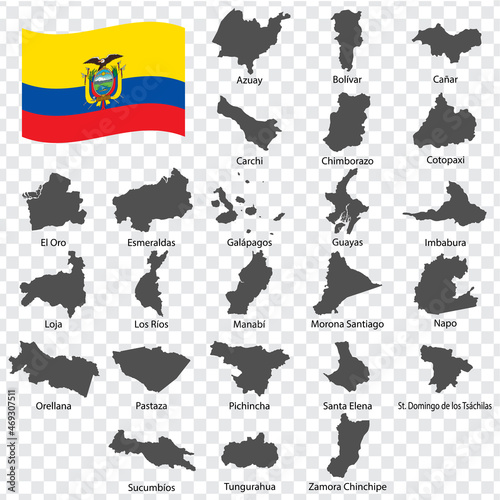 Twenty four Maps Departments of Ecuador - alphabetical order with name. Every single map of Province are listed and isolated with wordings and titles. Republic of Ecuador. EPS 10.
