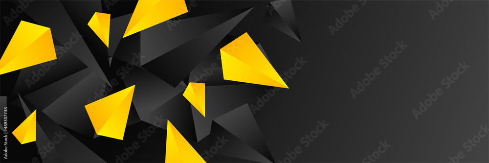 Modern 3D black and yellow abstract wide web banner background with geometric triangle shapes. Vector digital technology futuristic abstract graphic design banner pattern background template. - obrazy, fototapety, plakaty 