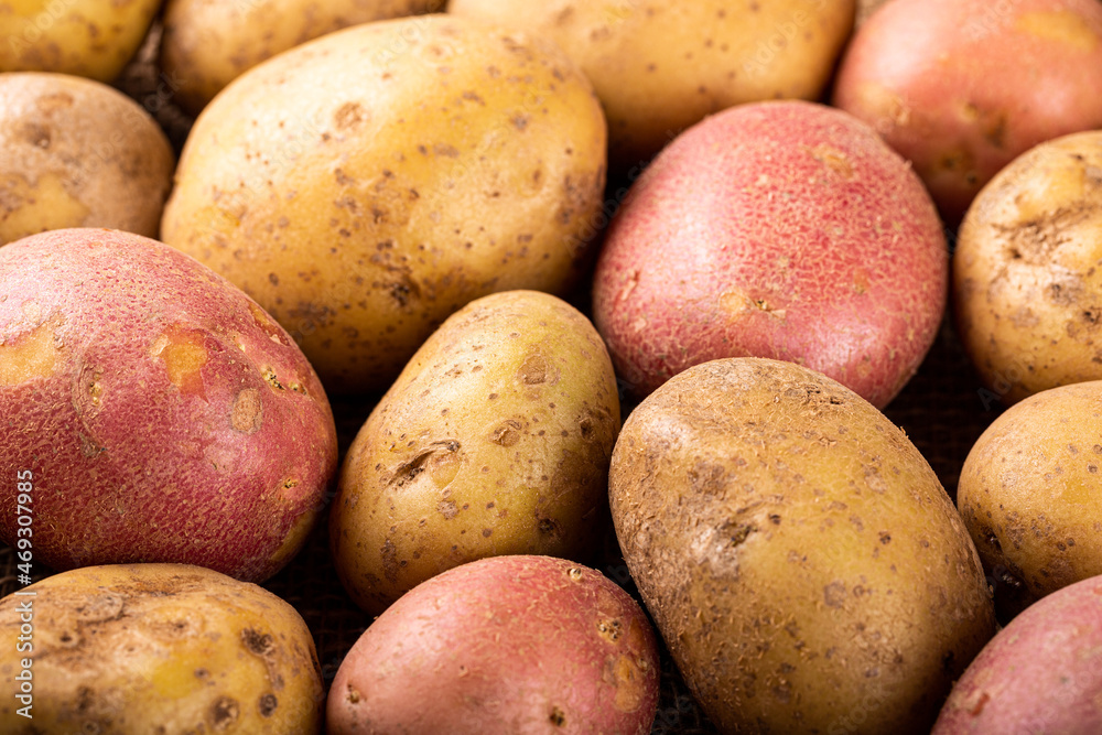 Raw whole washed organic white and red potatoes background. Healthy vegetarian food concept Raw whole washed organic white and red potatoes background. Healthy vegetarian food concept