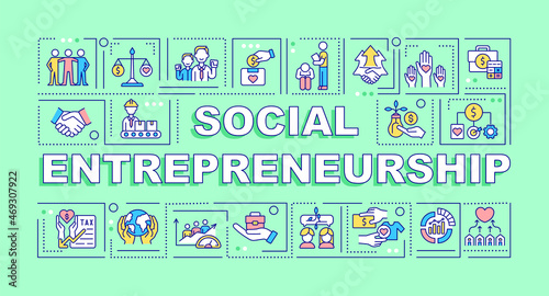 Social entrepreneurship word concepts banner. Social business. Infographics with linear icons on green background. Isolated creative typography. Vector outline color illustration with text