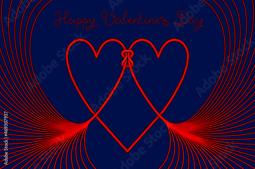 The hearts are tied together and form a large common heart. Original trendy postcard for Valentine's Day. Scarlet lines on a dark blue background.