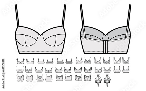 Bra lingerie technical fashion illustration with full adjustable shoulder straps, molded cups, hook-and-eye closure. Flat brassiere front, back white color style. Women men unisex underwear CAD mockup