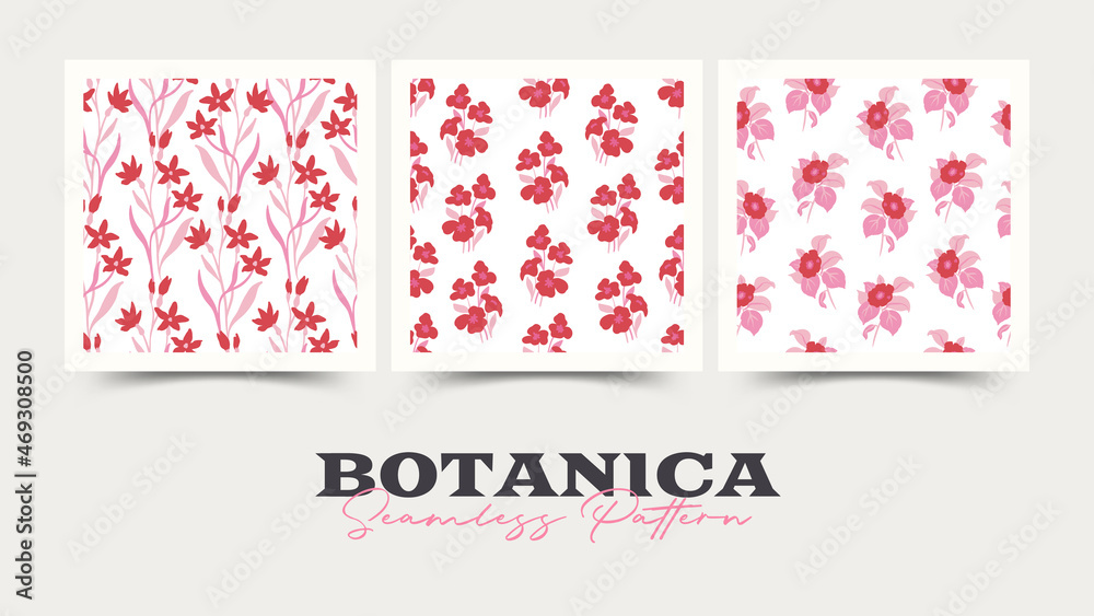 Flowers seamless pattern collection. Pink color. Modern trendy Matisse minimal style.