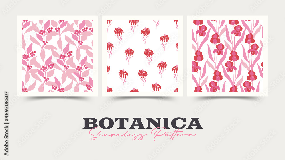 Fototapeta premium Flowers seamless pattern collection. Pink color. Modern trendy Matisse minimal style.