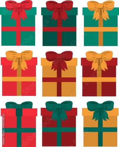 Set of different colorful surprise boxes. Gift boxes of bright color with bows. Vector set of isolated illustrations.