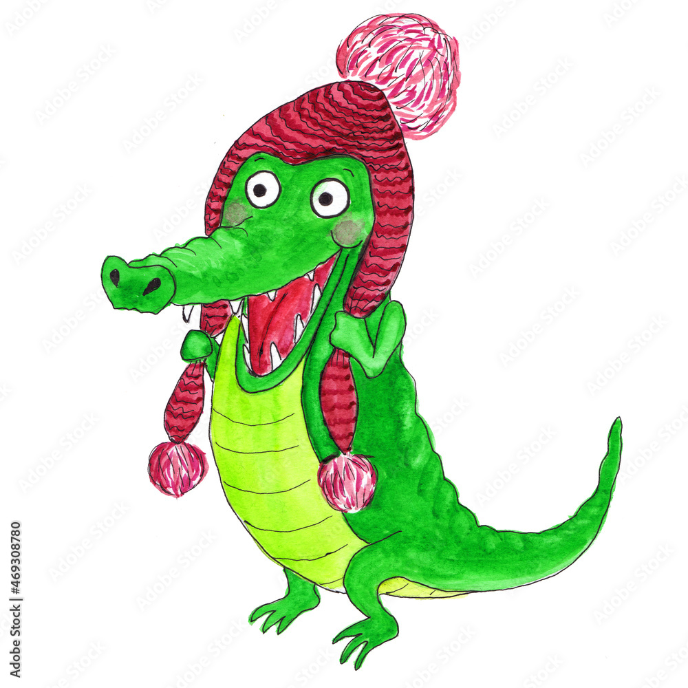 Fototapeta premium Very emotional little green crocodile in a wine red knitted hat with a big pompom. Funny cartoon character, surprised and delighted, with a broad toothy smile. Hand drawn watercolor illustration.