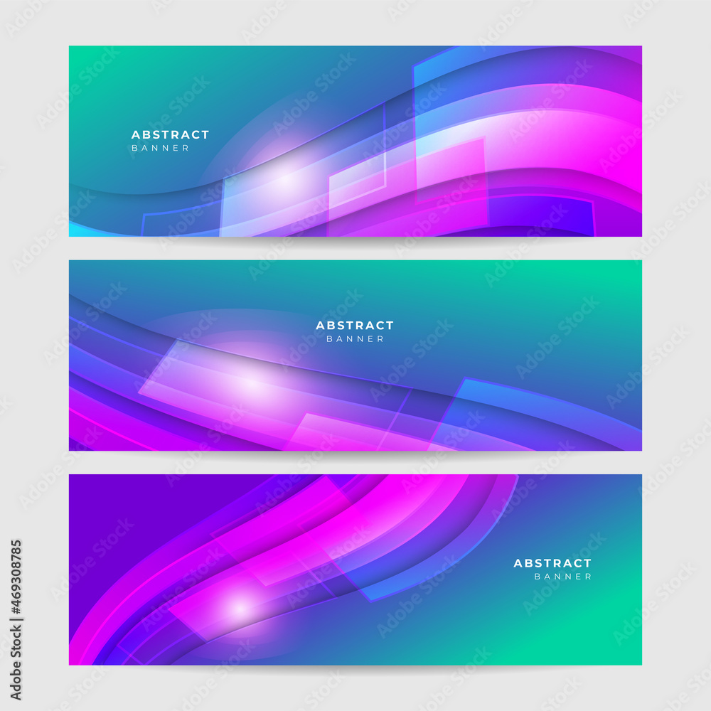 Fototapeta premium Colorful vibrant web banner background template with abstract shapes. Collection of horizontal promotion banners with gradient colors and abstract geometric backdrop. Header web design.