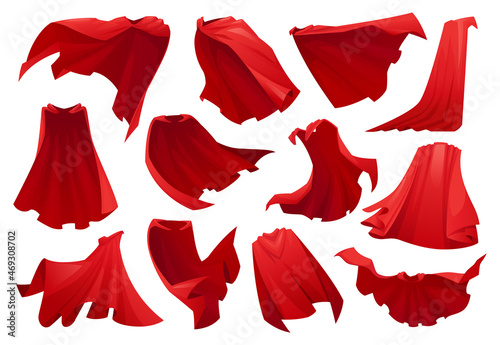 Superhero red cape isolated scarlet fabric silk cloak in different position, front back side view. Vector set of mantle costume, magic cartoon cover. Flowing and flying carnival vampire satin clothes photo