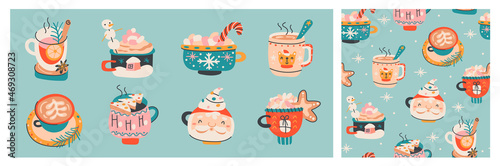  Set of colorful Christmas coffee cup.New year seamless pattern with xmas mugs.Winter warming drinks elements in hand drawn style for textile, fabric, paper, scrapbook, packaging and other prints.