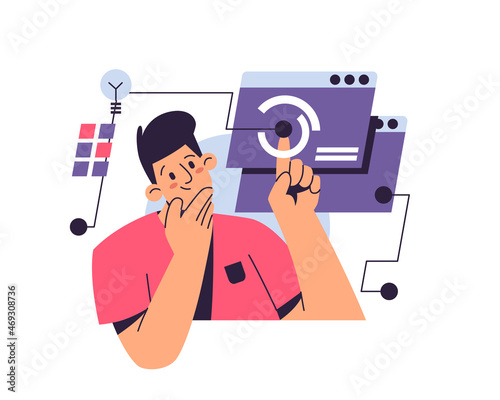Man solves complex work tasks, thinking about new ideas, data research and business analytics vector illustration. Puzzled male character working with information, analyzing and auditing processes