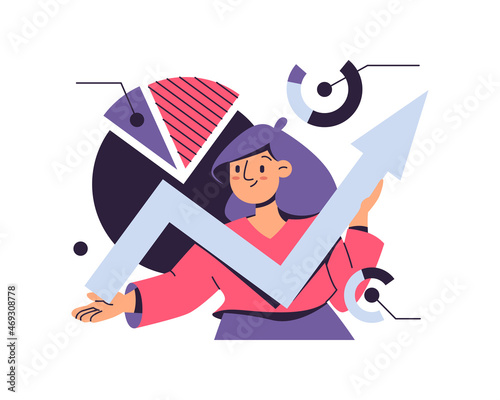 Man with arrow going up in hands studying diagrams. Vector strategy and business planning, market research and financial management. Consulting, statistics and report, data research analysis