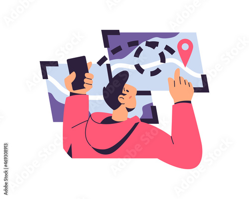 Location business data research, investment and strategy planning, man with smartphone and map. Vector finance, market data analytics, strategic management. Strategy successful growth, point search