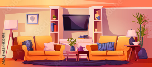 Living room interior vector cartoon illustration. Two comfortable sofas with pillows  TV on wall and bookshelves  table with tea and potted house plants. Lamp and pictures  carpet on floor  table
