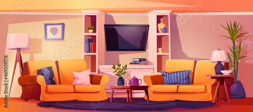 Living room interior vector cartoon illustration. Two comfortable sofas with pillows, TV on wall and bookshelves, table with tea and potted house plants. Lamp and pictures, carpet on floor, table