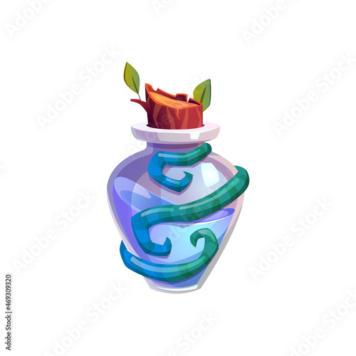 Magic witch potion in bottle with wooden cork tree leaves, warm or snakes around vial. Vector elixir of love, mixture in magical witchcraft poison drink, container of antidote, cartoon witch brewery