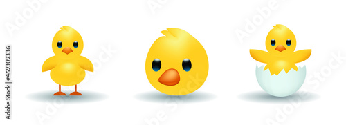 Funny yellow newborn chicken, newborn chicken in broken egg shell, head of chicken vector emoji illustration isolated on white background. 3d illustration. 