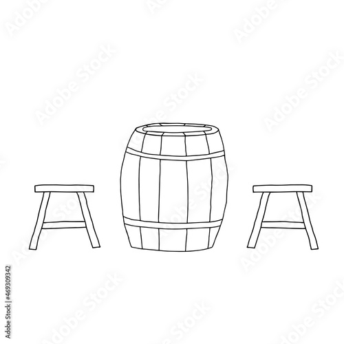 Black Vector outline illustration of a wooden barrel with iron hoops for beer or wine and two stools isolated on a white background